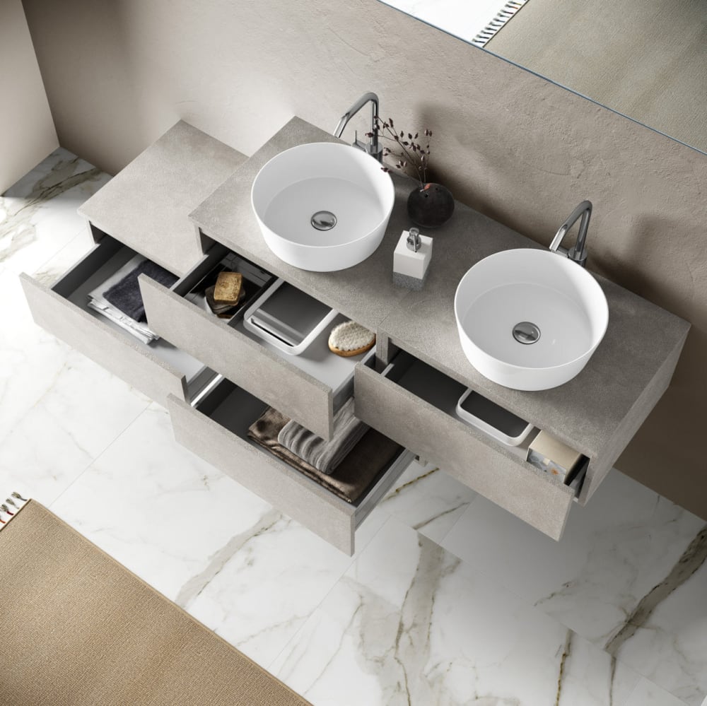 Meuble salle de bain 8 pièces double vasque en mélamine beige pierre - Maisons du Monde