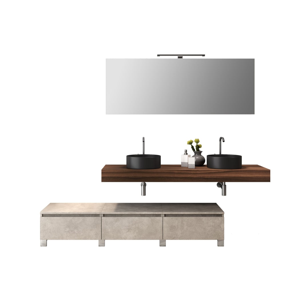 Meuble salle de bain 9 pièces en mélamine noyer/beige pierre