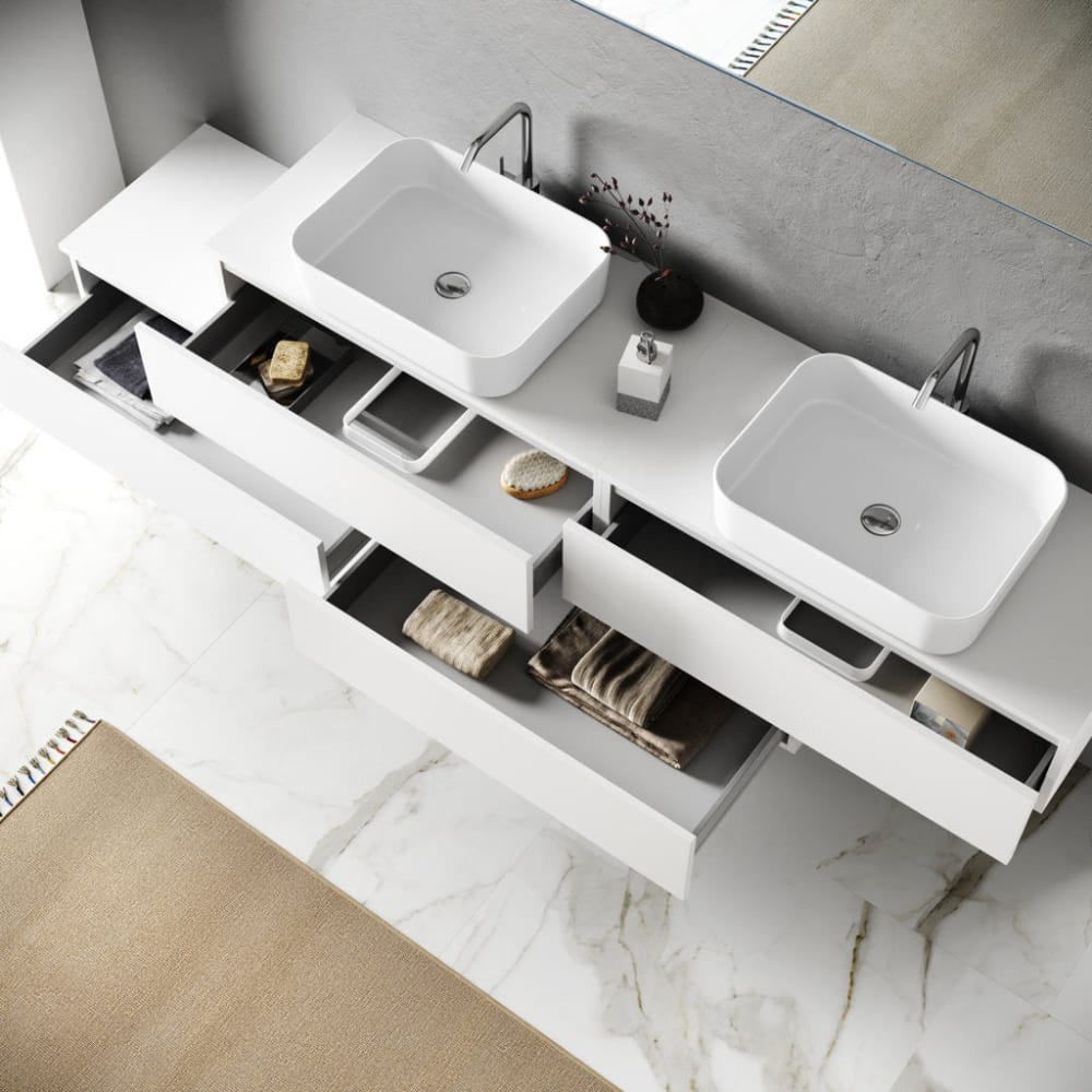 Meuble de salle de bain 9 pièces double vasque en mélamine blanche - Maisons du Monde