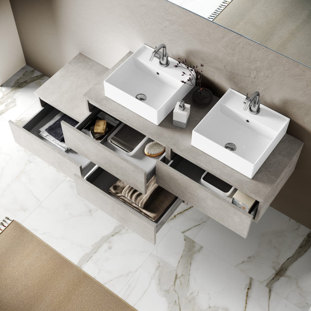 Meuble salle de bain 8 pièces double vasque en mélamine beige pierre - Maisons du Monde