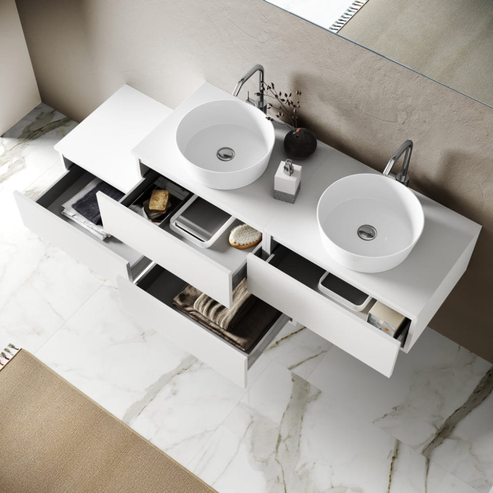 Meuble de salle de bain 8 pièces double vasque en mélamine blanche - Maisons du Monde