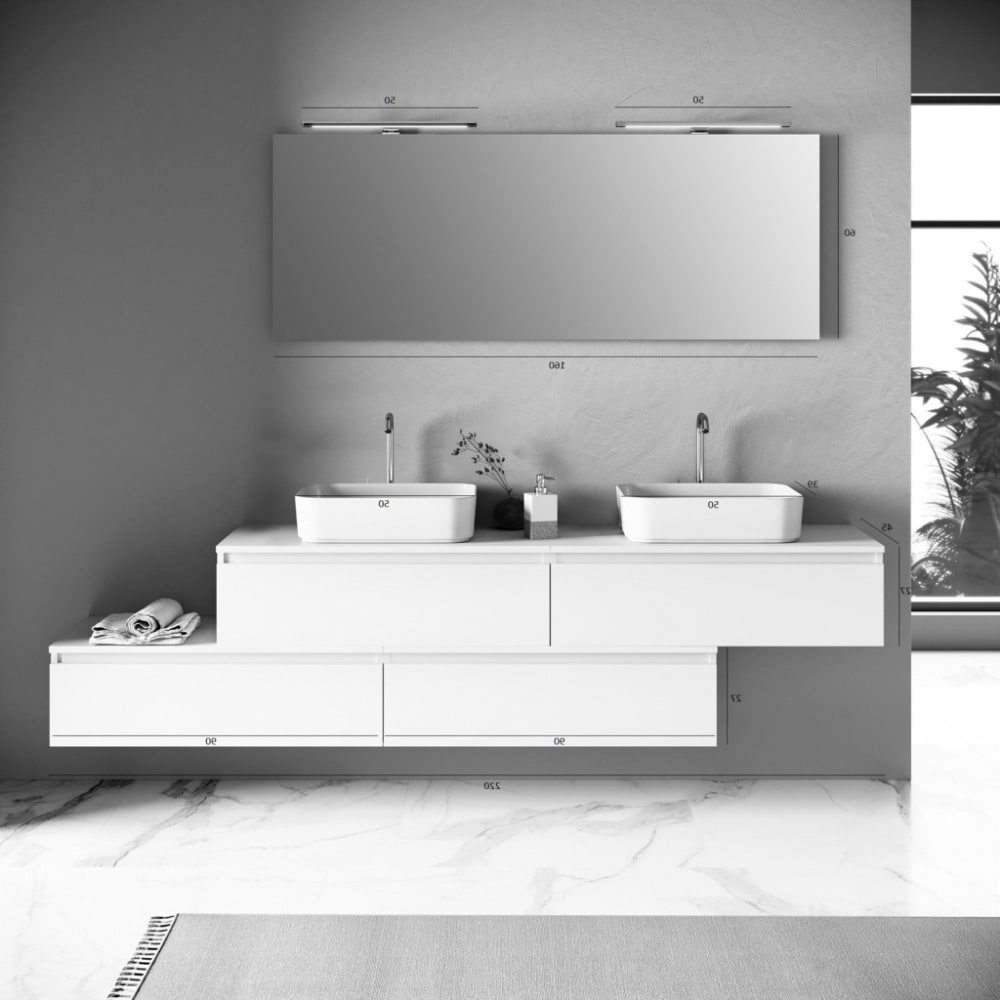 Meuble salle de bain 9 pièces double vasque en mélamine beige pierre - Maisons du Monde