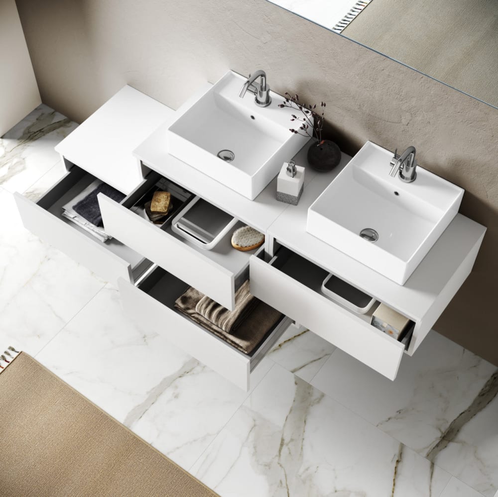 Meuble de salle de bain 8 pièces double vasque en mélamine blanche - Maisons du Monde