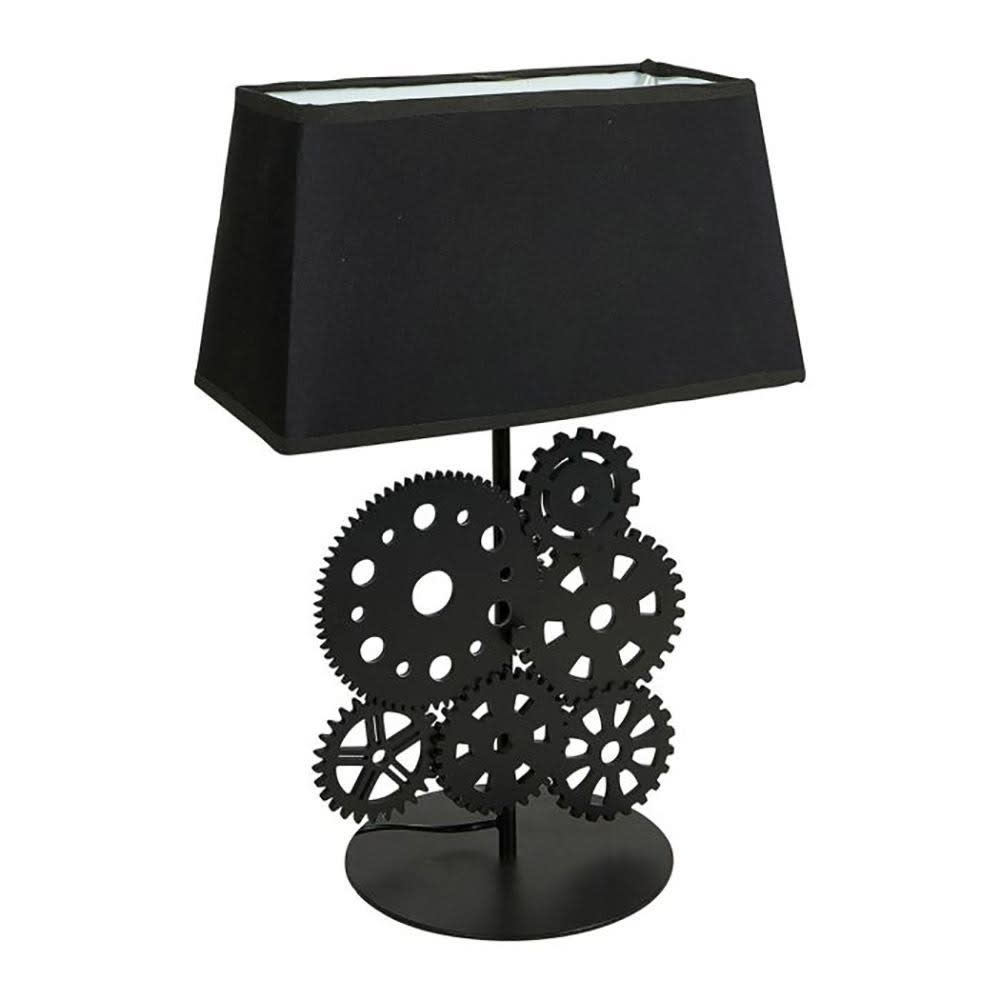 Lampe bois noir tissu rouages
