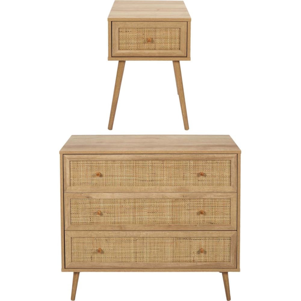 Set commode en bois 3 tiroirs et chevet 1 tiroir Set commode en bois 3 tiroirs et chevet 1 tiroir