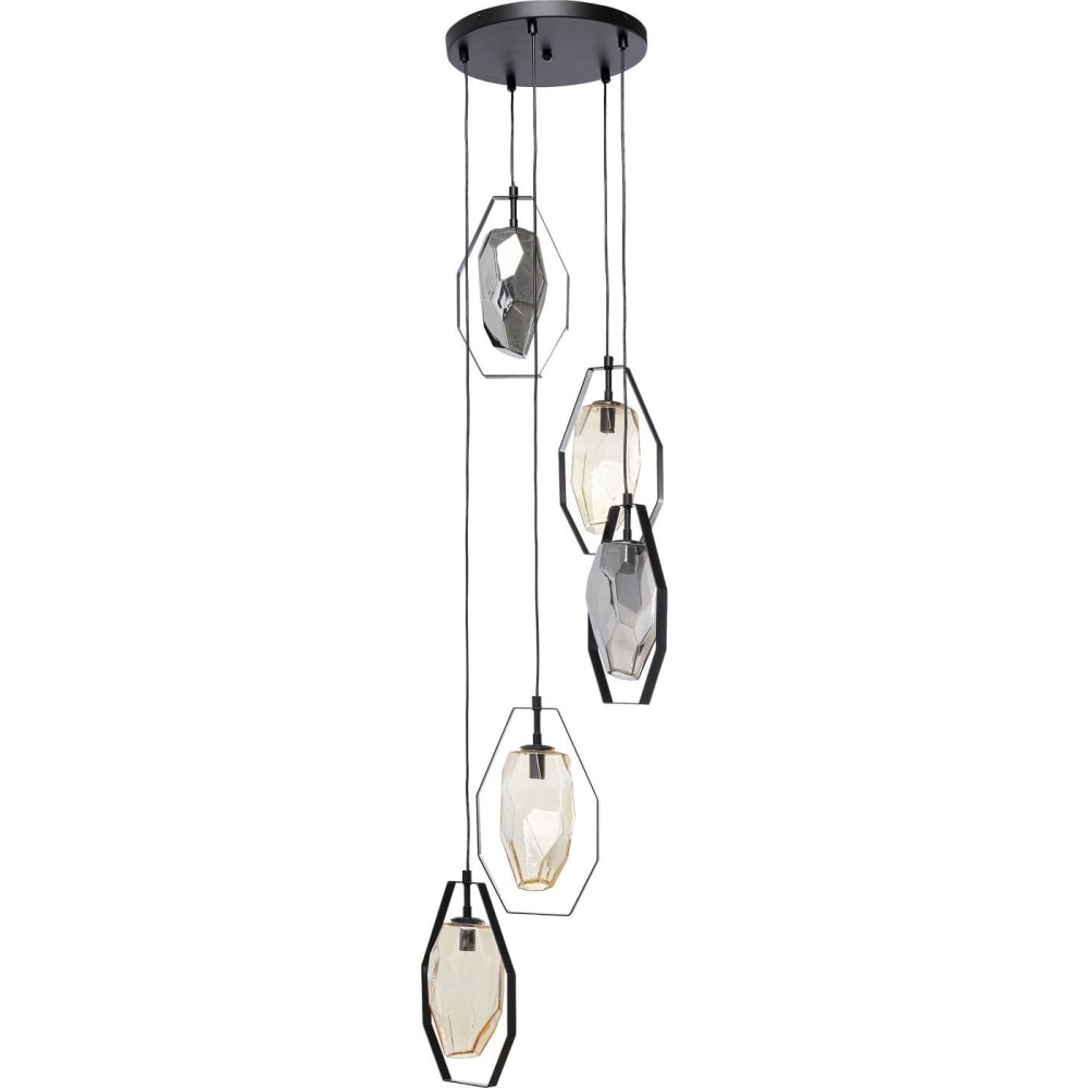 Kare Design Hängeleuchte mit 5 Glasschirmen und Stahl, schwarz, D42cm style modern - Stahl