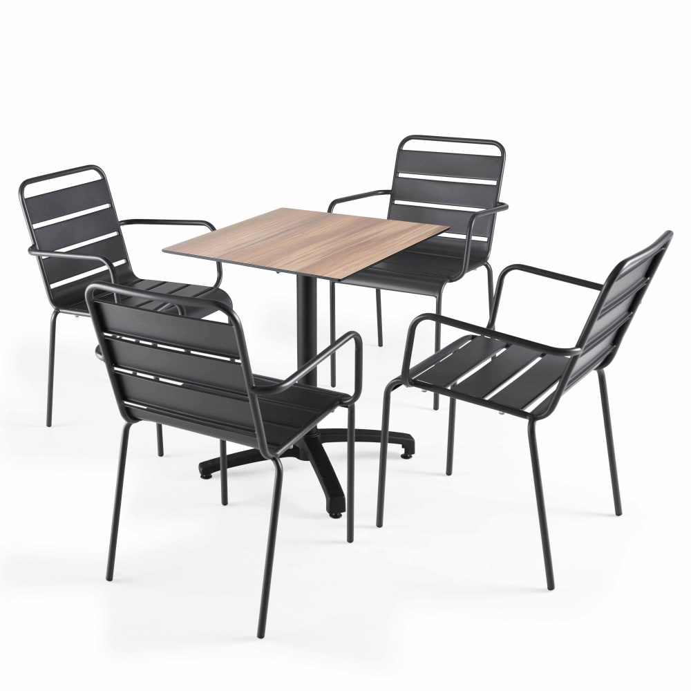 Ensemble table de terrasse stratifié chene foncé et 4 fauteuils gris