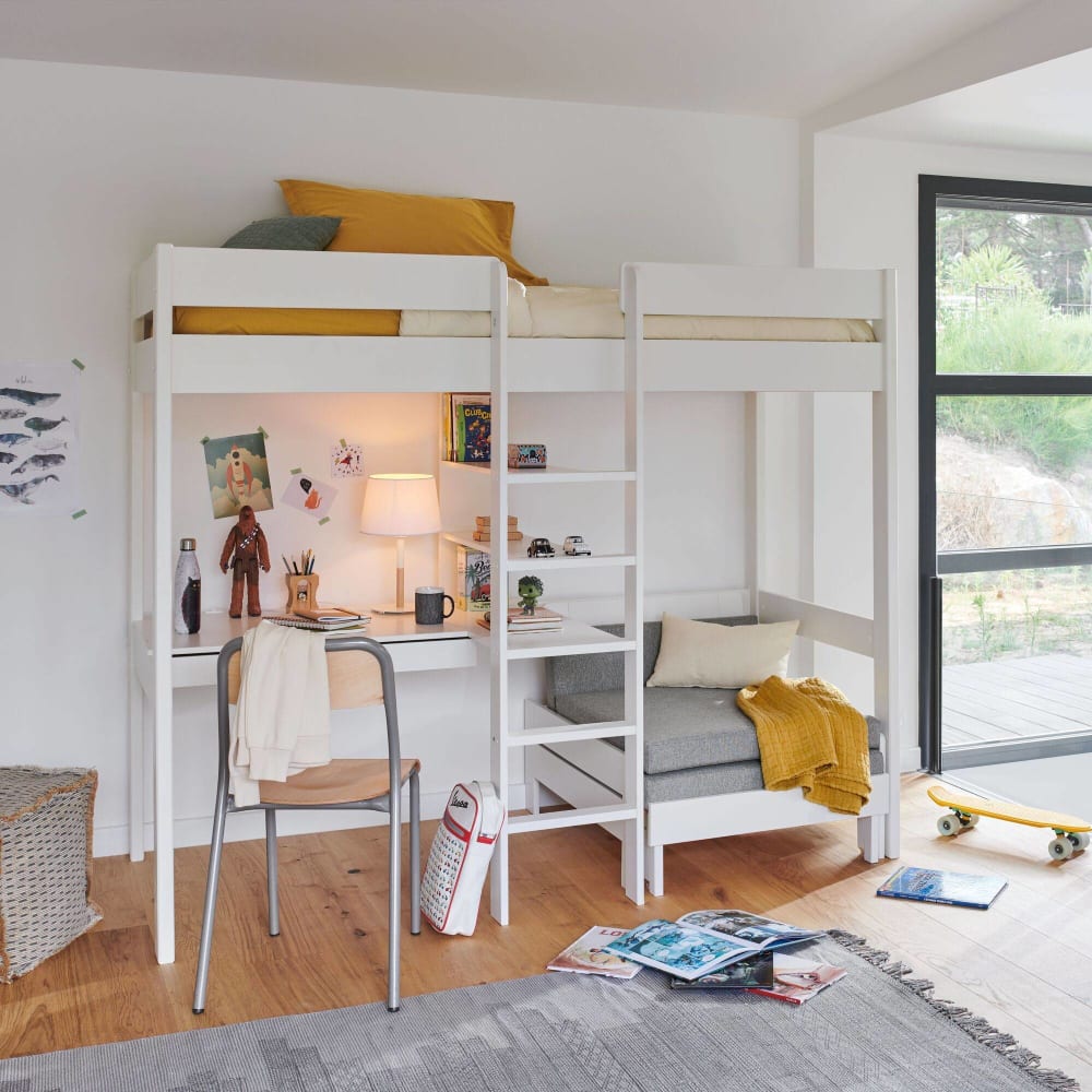 Lit mezzanine en bois avec son fauteuil 90 x 190 cm blanc (CAMIF) - Image 1