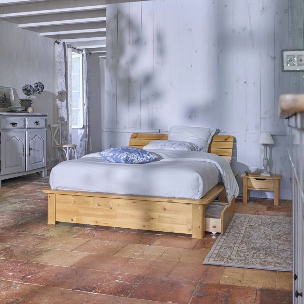 Lit rangement en bois massif avec 2 tiroirs 160 x 200 cm - Maisons du Monde