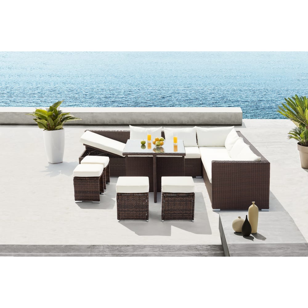 Salon de jardin encastrable 10 places en résine tressée marron