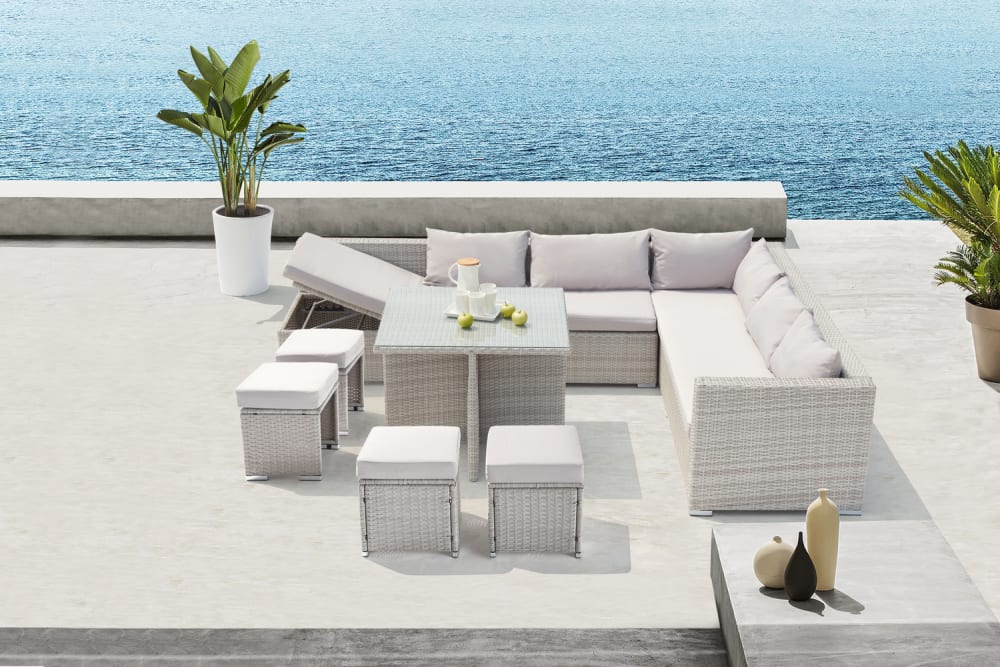 Salon de jardin encastrable 10 places en résine tressée gris