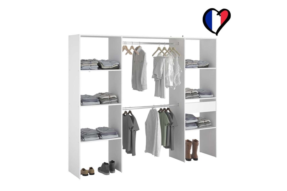 Kleiderschrank mit 6 Regalen 1 Schublade 2 Kleiderstangen 220 x