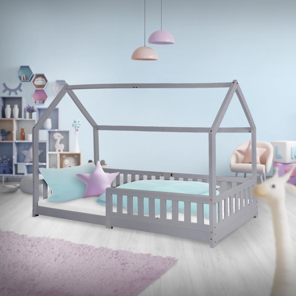Lit cabane enfant 90x200 cm sommier et barrière inclus bois gris clair