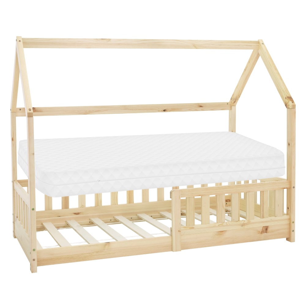 Lit cabane enfant 80x160 cm sommier matelas et barrière inclus beige