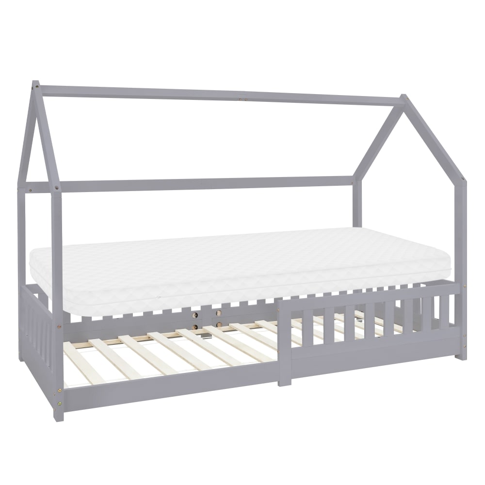 Lit cabane enfant 90x200 cm sommier matelas et barrière inclus gris