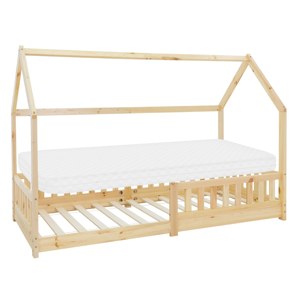 Lit cabane enfant 90x200 cm sommier matelas et barrière inclus beige