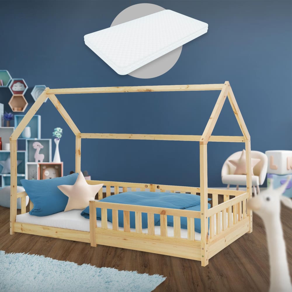 Lit cabane enfant 90x200 cm sommier matelas et barrière inclus beige