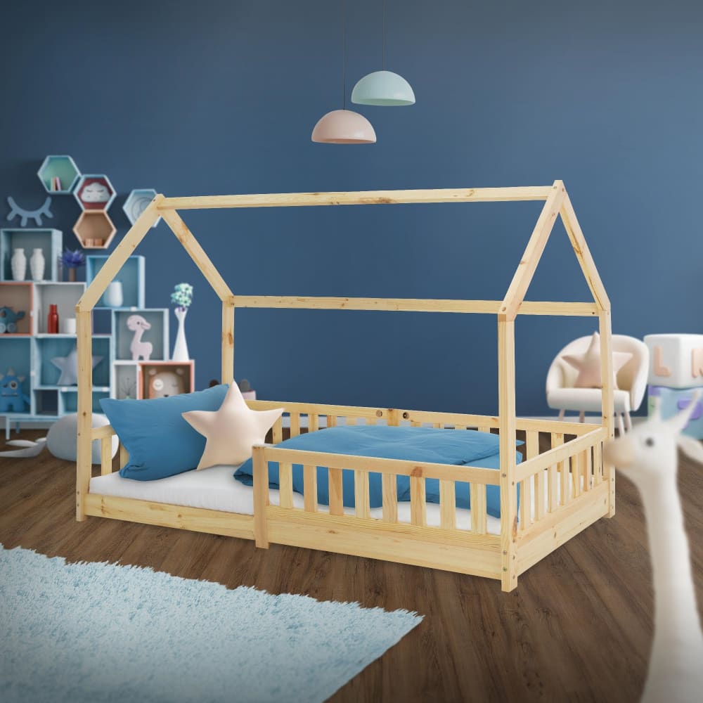Lit cabane enfant 90x200 cm sommier et barrière inclus bois beige
