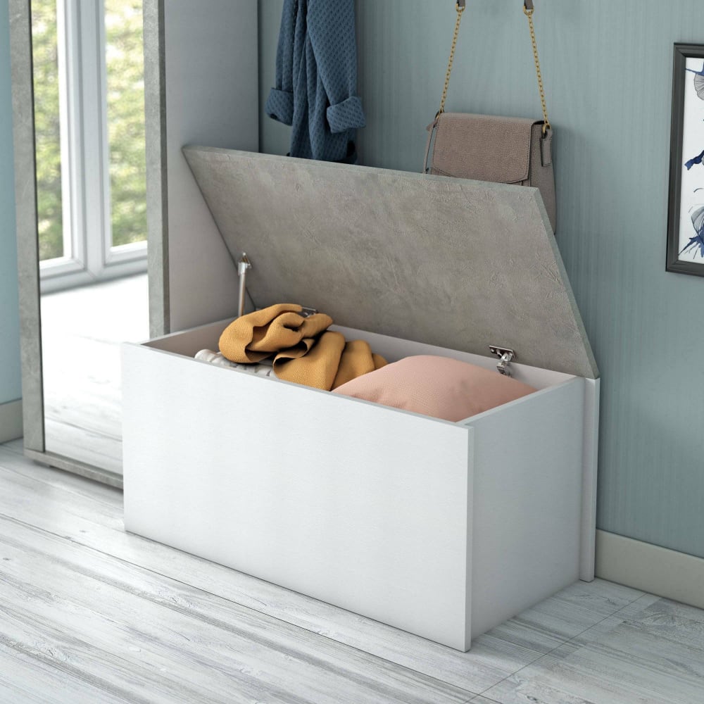 Coffre effet bois blanc, ciment 90x45cm