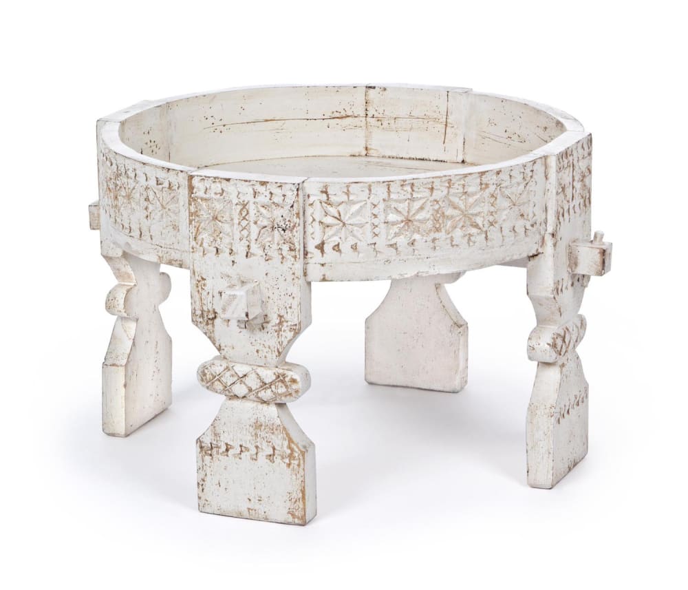 Mathi Design Table basse ronde en bois de manguier blanchi sculpté style inspirations d'ailleurs Blanc Bois - 0x35x0cm