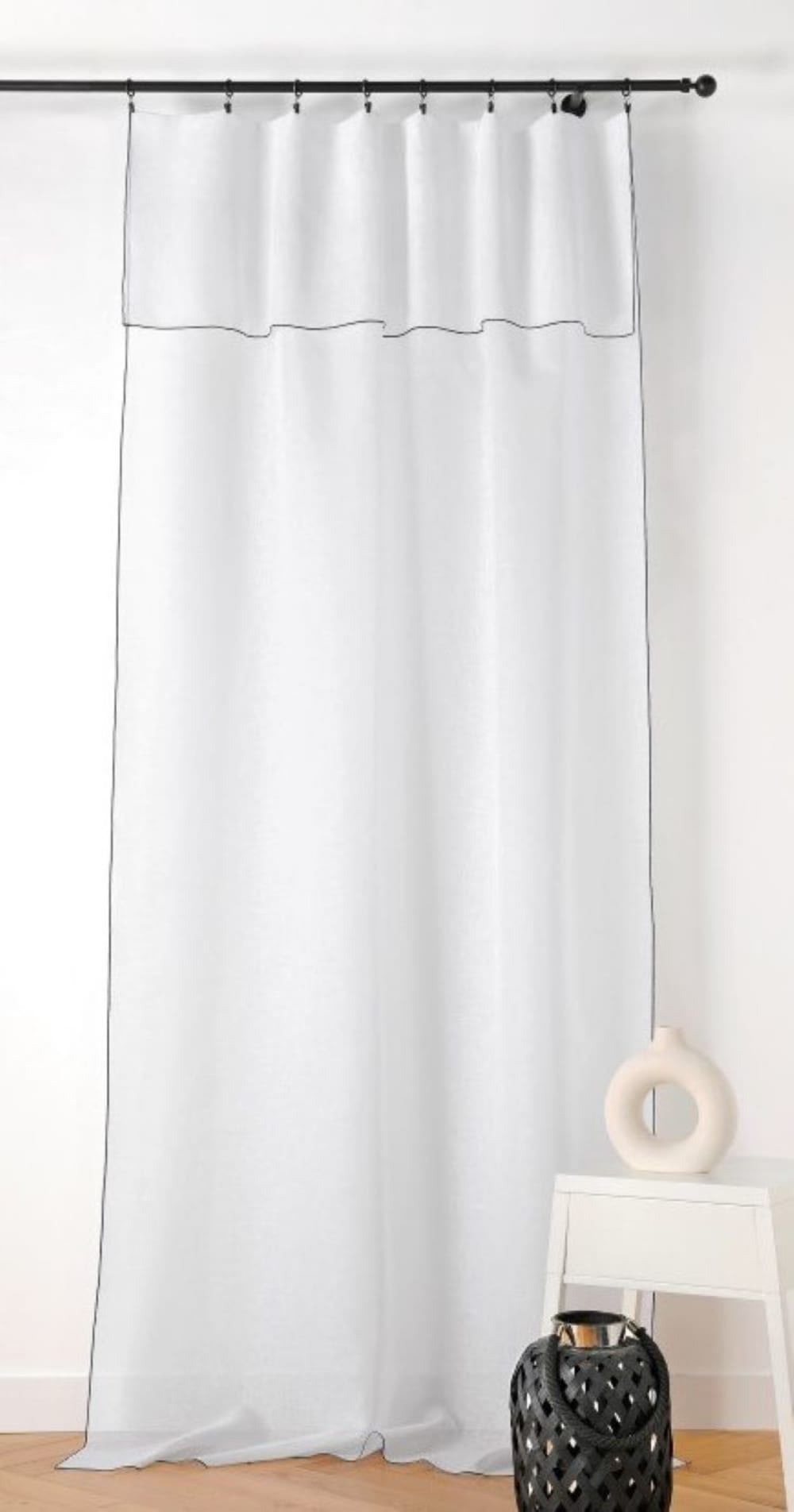 Voilage aspect lin bourdon noir Blanc 140x295cm