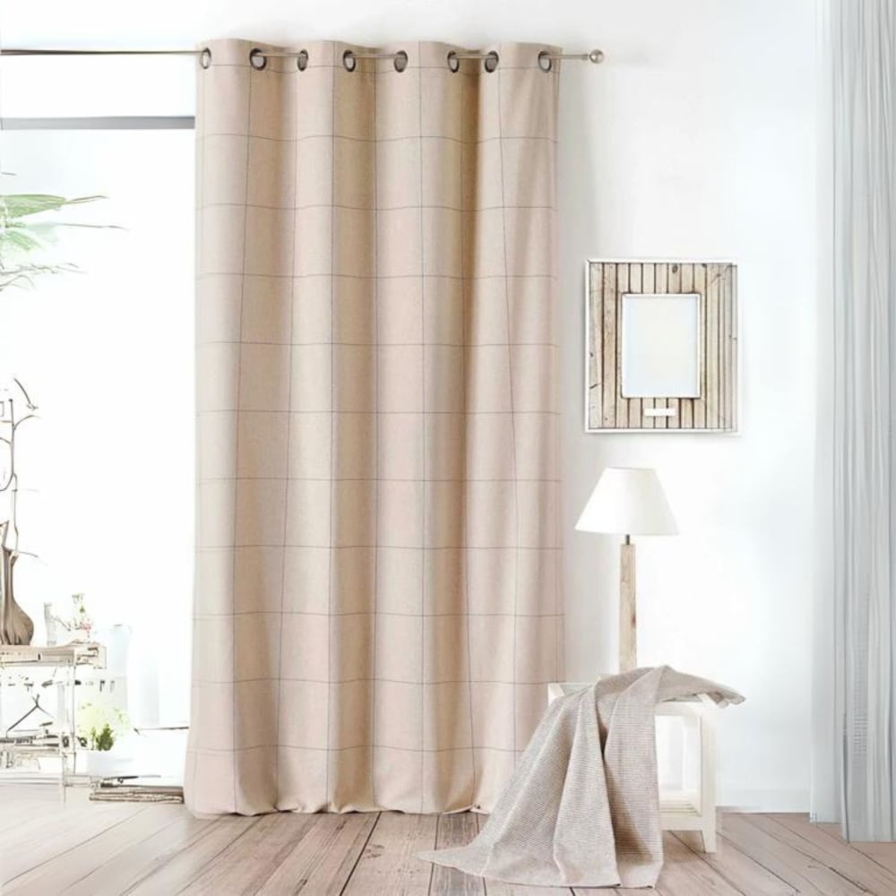 Rideau d'ameublement à grands carreaux lin/polyester crème 135x260 cm