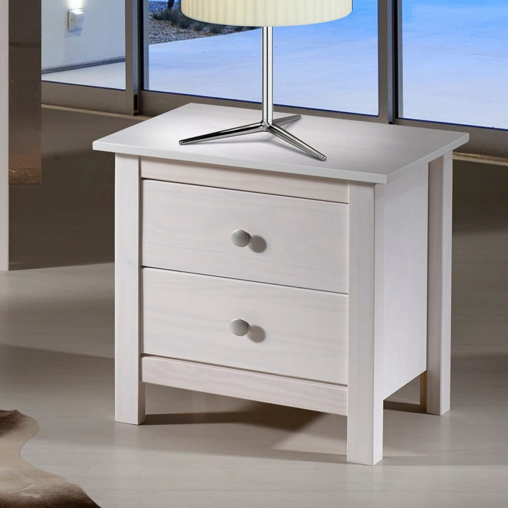 Table de chevet 2 tiroirs en pin massif blanc