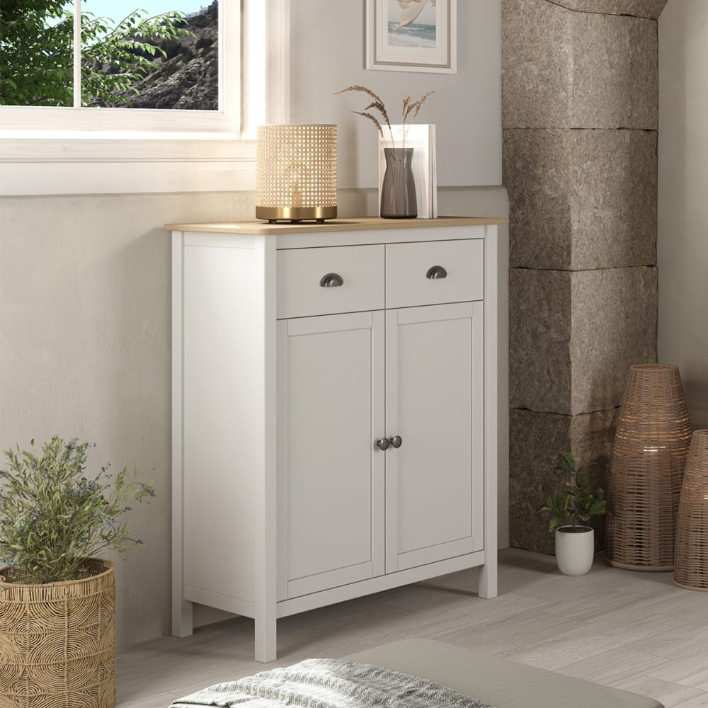 Meuble d'entrée 2 portes 1 tiroir en pin massif blanc/ ffet chêne 90cm