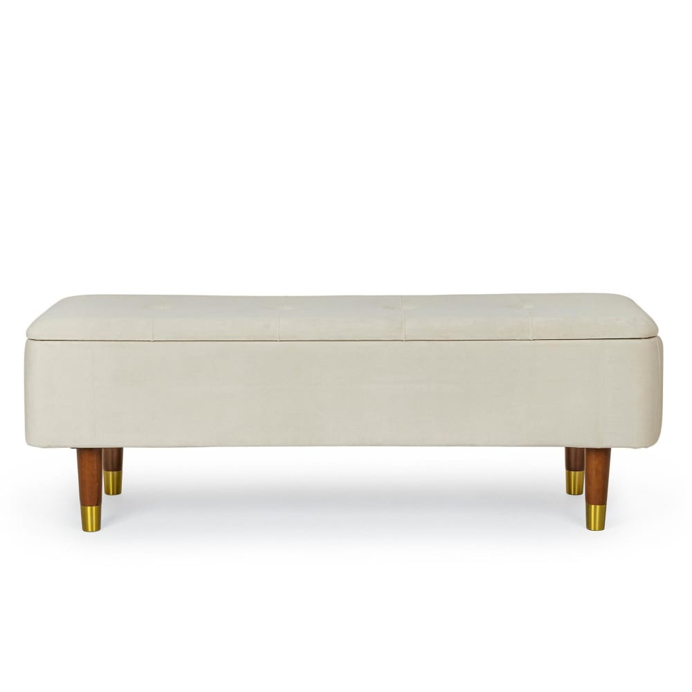 Banc coffre 2 places en velours et piétement en bois beige