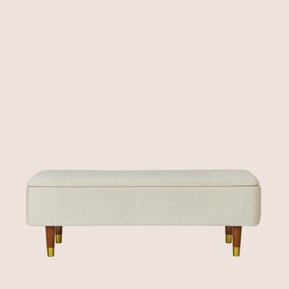 Banc coffre 2 places en velours et piétement en bois beige - Maisons du Monde