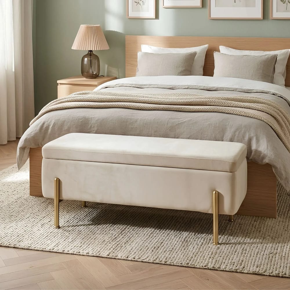 Banc coffre 2 places en velours et piétement or beige - Maisons du Monde