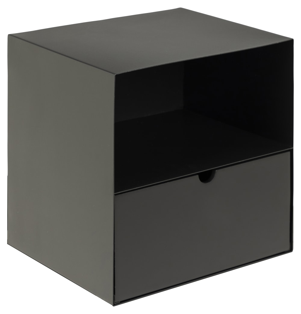 Chevet suspendu cube en métal et bambou 1 tiroir 1 niche noir