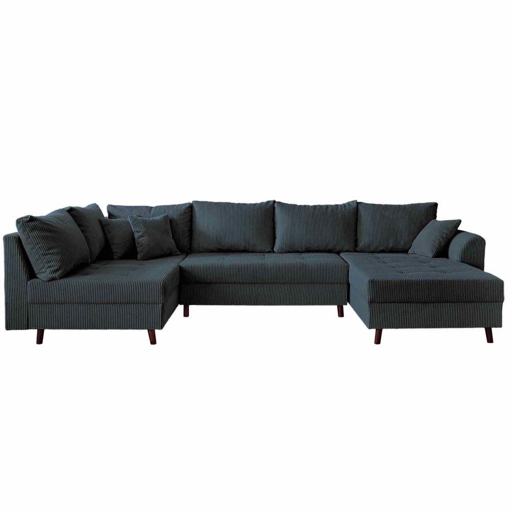 Canapé d'angle gauche convertible 7 places en velours côtelé bleu nuit