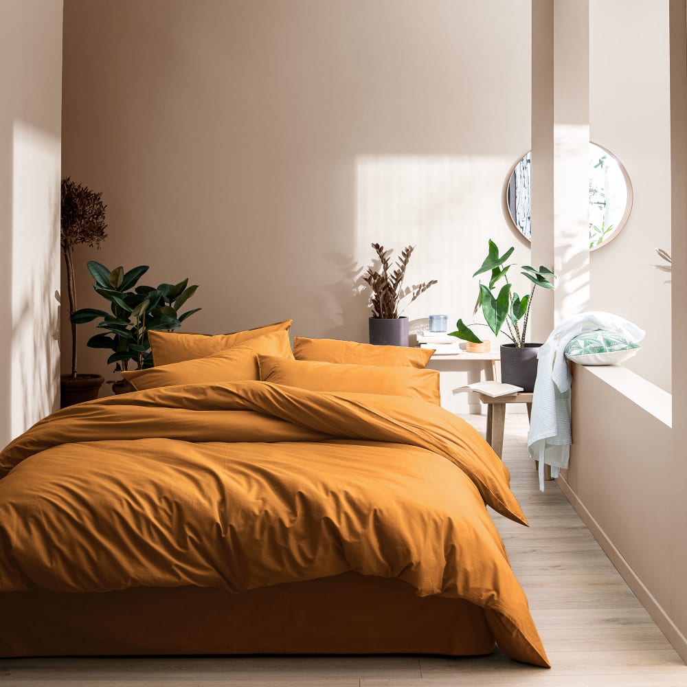 Parure de lit en coton lavé taies volant Caramel 240x220+2x65x65cm