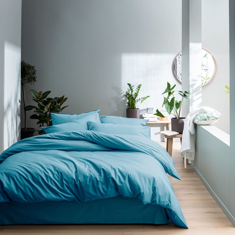 Parure de lit coton lavé taies volant Bleu glacier 260x240+2x65x65cm