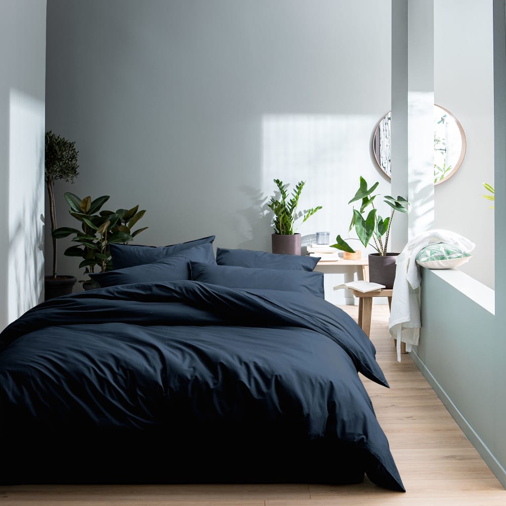 Parure de lit en coton lavé taies volant Bleu nuit 240x220+2x65x65cm