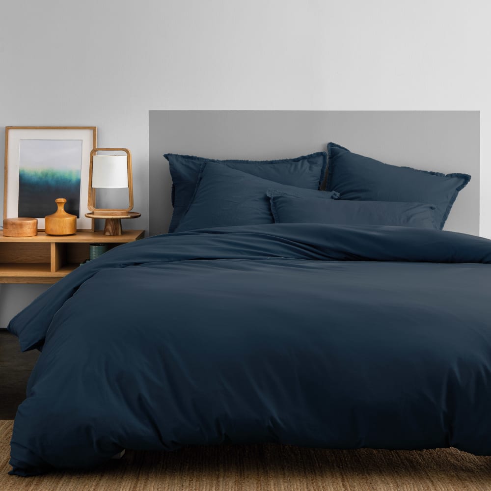 Parure de lit coton lavé taies à franges Bleu Nuit 240x220+2x65x65cm