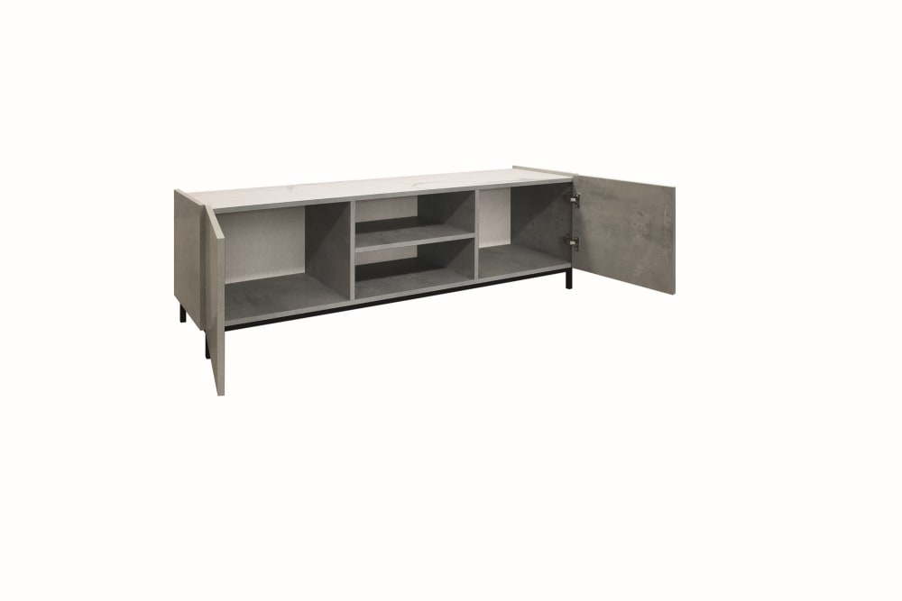 Meuble TV en bois, finition grise, plateau effet marbre, 160x45 cm