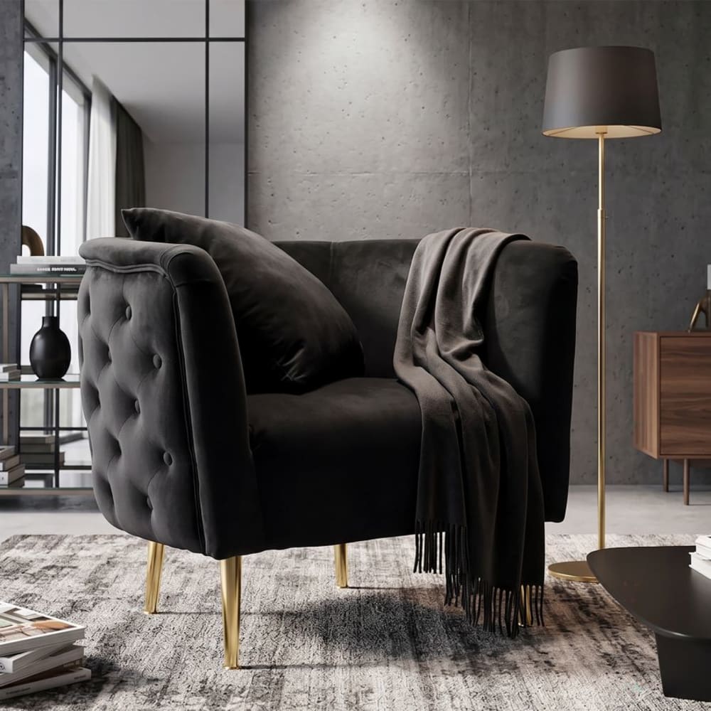 Mauro Ferretti Schwarzer Stoffsessel mit goldenen Beinen, 76 x 74 x 71 cm style classic chic Schwarz Samt