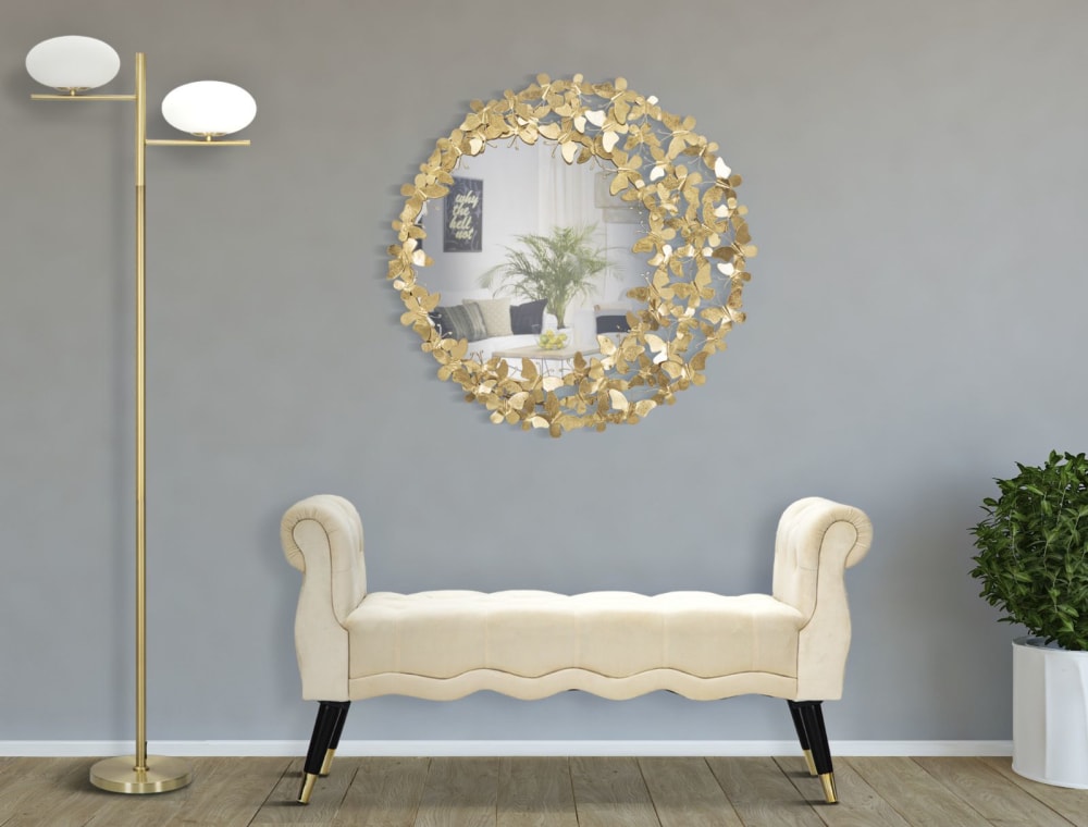 Miroir mural rond papillons en métal doré Ø cm 81,5x3,5