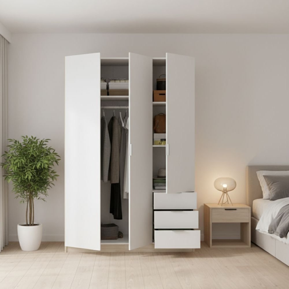 3-türiger Kleiderschrank mit weißem Holzeffekt, Eiche 121x52h184