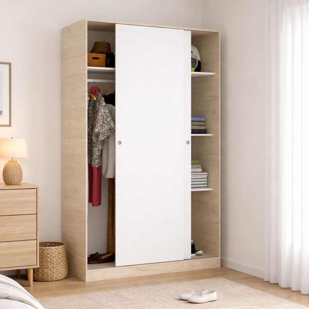 2-türiger Kleiderschrank mit weißem Holzeffekt, Eiche 120x50h204