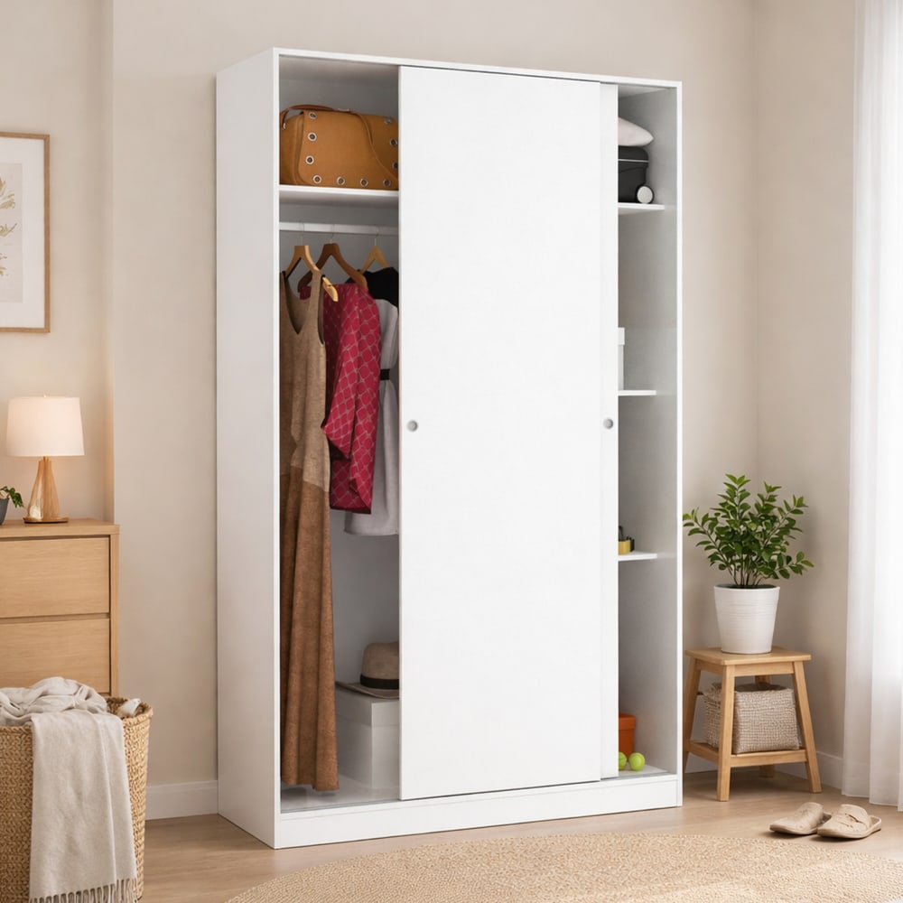 Zweitüriger Kleiderschrank mit weißem Holzeffekt, 120 x 50 x 204