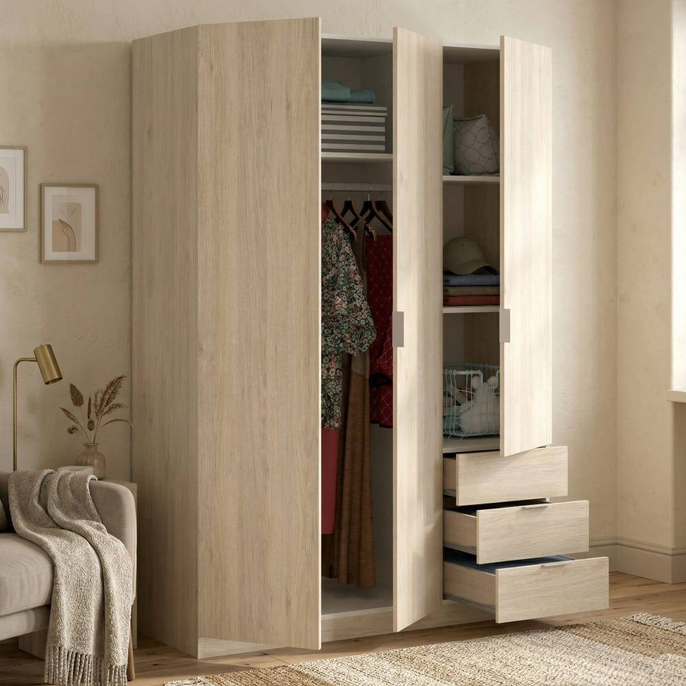 3-türiger Kleiderschrank mit Eichenholzeffekt 121x52h184 cm -