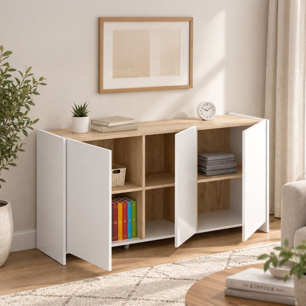 Buffet effet bois beige, blanc 138x42 cm