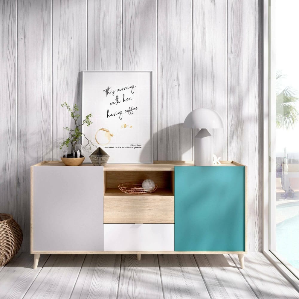 Buffet effet bois beige, blanc 155x43 cm