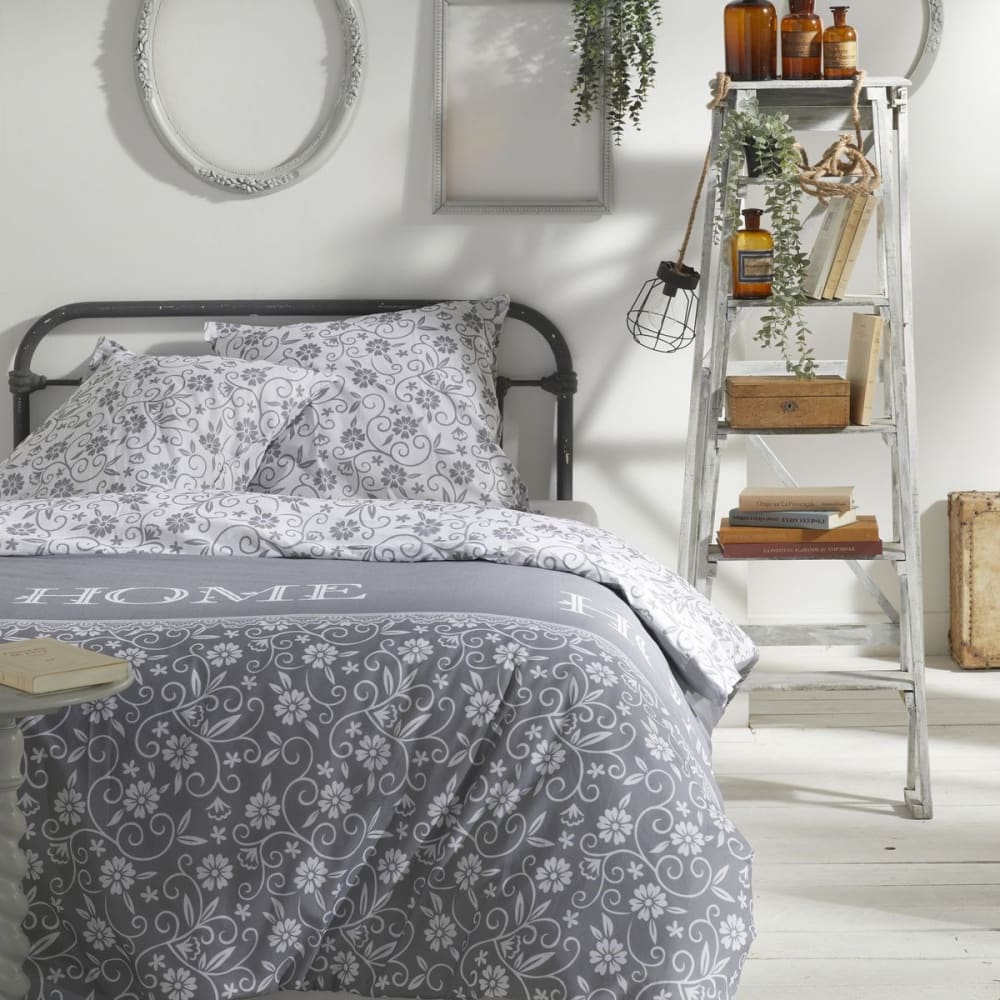Parure de lit imprimé floral coton  240x220 cm Gris clair