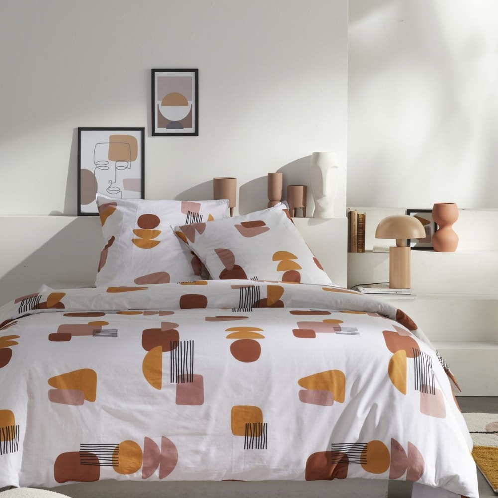 Parure de lit imprimé graphique coton  240x220 cm Blanc