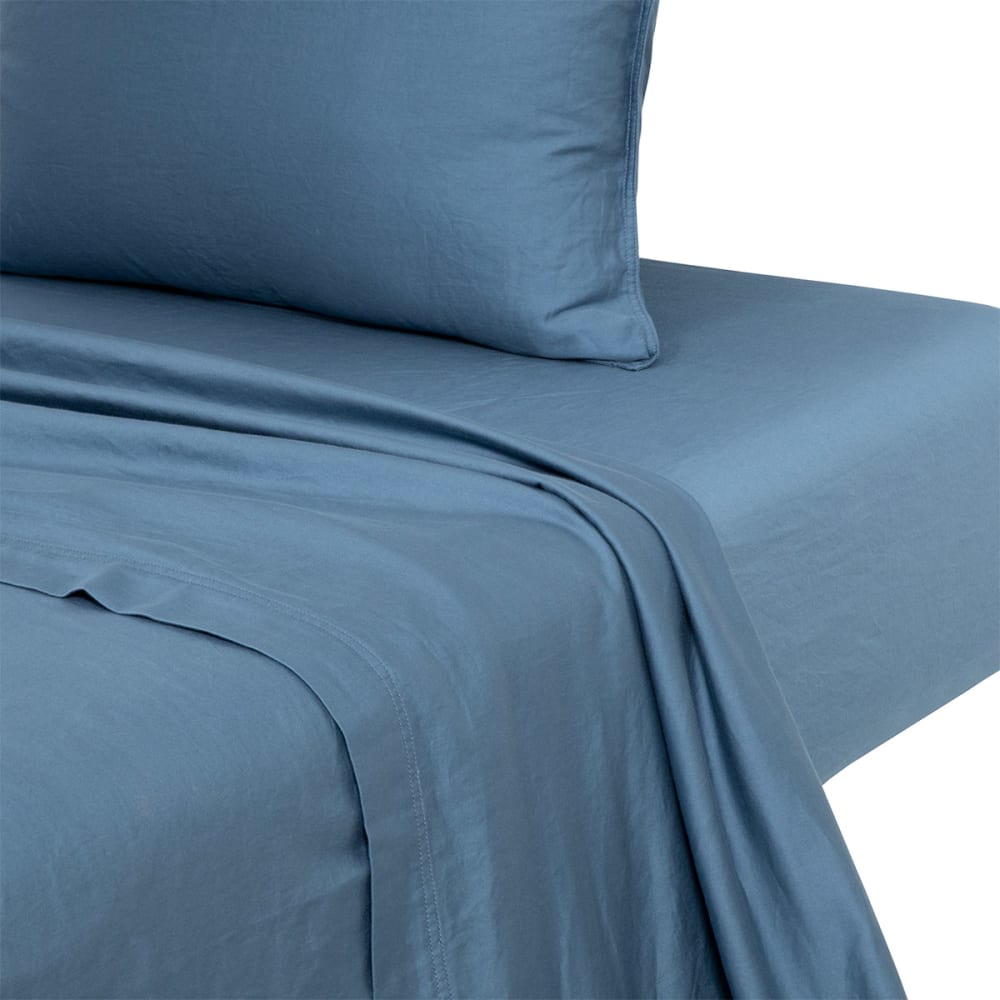 Drap plat en satin de coton lavé bleu 270 x 300 cm