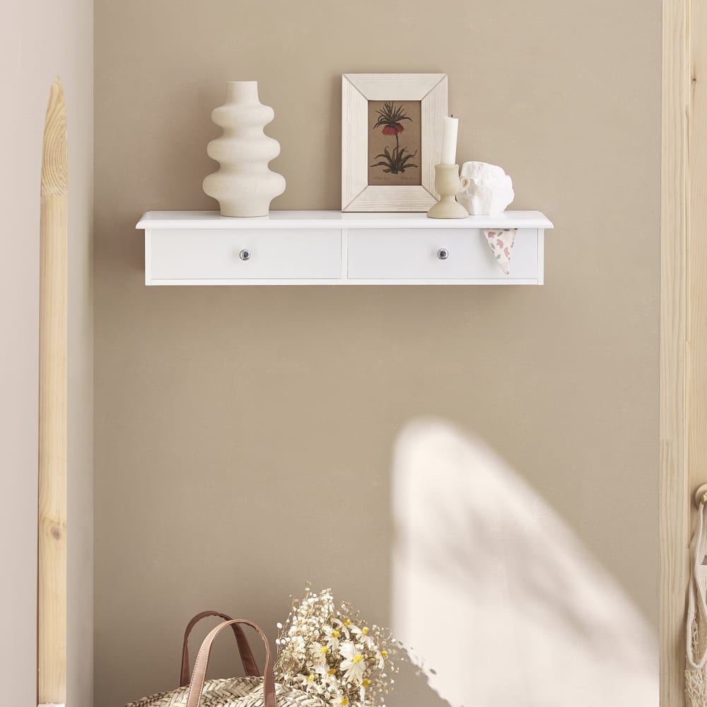 Étagère murale effet bois blanc avec 2 tiroirs